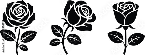 Three black silhouette roses with leaves on white background flower
