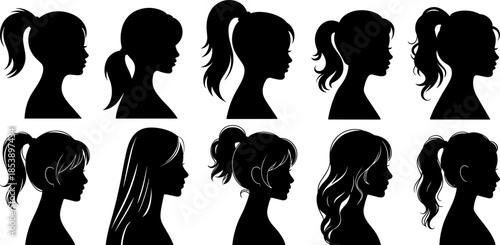 Ten black silhouette profiles of women with diverse hairstyles woman female