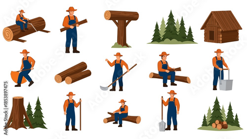 Lumberjack working in forest with logs and trees