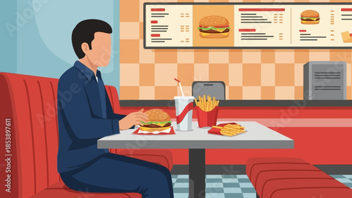 Businessman enjoying fast food meal in modern diner