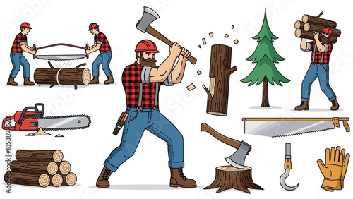 Lumberjack working with axe and chainsaw in forest