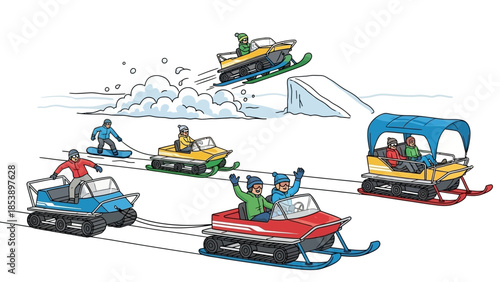 People enjoying snowmobile adventure in winter landscape