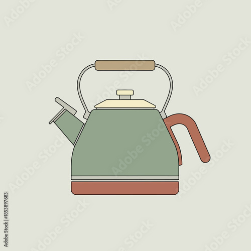 A green kettle with a brown handle and lid.