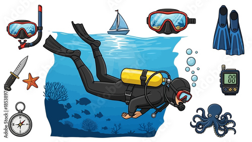 Scuba diver exploring vibrant underwater scene with ocean creatures and gear