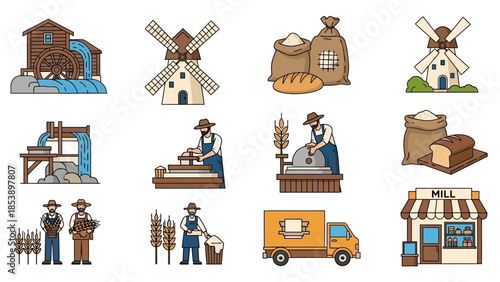 Vintage mill and bakery illustrations with workers processing grain
