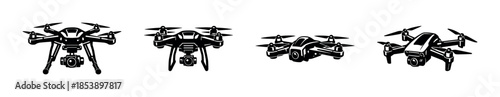 Drone collection, flat vector illustration, uav, quadcopter silhouettes