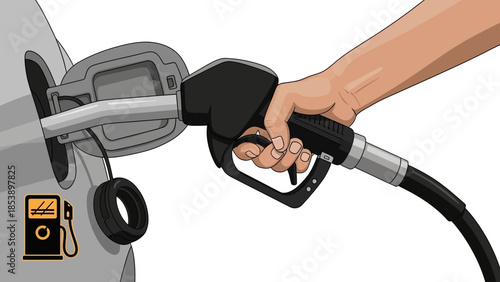 Hand holding fuel pump nozzle refueling a car