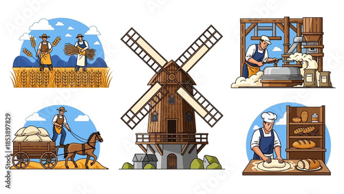 Vintage farmers harvesting wheat and baking bread in rural landscape