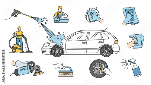 Car wash and cleaning services with people using various tools