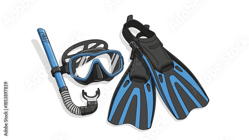 Scuba diving gear including mask snorkel and flippers on white background