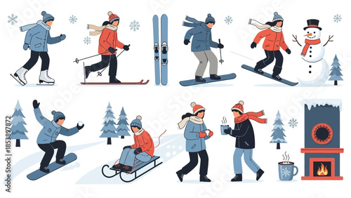 People enjoying winter sports and activities in snowy landscape