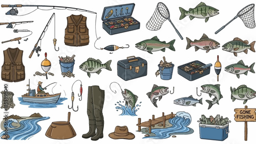 Vibrant fishing gear and fish illustrations for outdoor enthusiasts