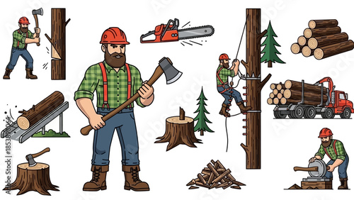 Lumberjack at work with axe and chainsaw in forest