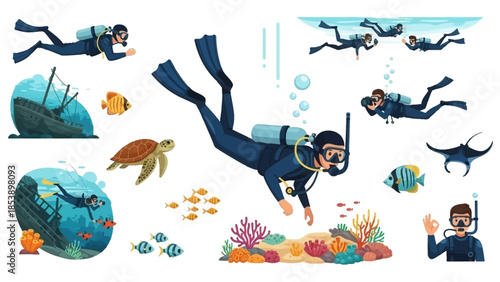 Scuba divers exploring vibrant coral reef with colorful fish and sea life