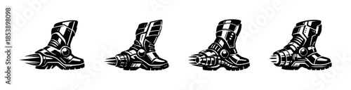 Futuristic boots collection, gadgets, spikes, tech wear, flat vector illustration