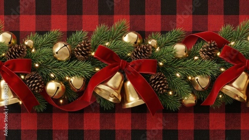 Christmas Garland with Fir Branches, Golden Bells, and Red Ribbon on Buffalo Plaid Background