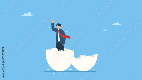 Ambitious businessman worker just hatched from cracked egg. Newbie or beginner just start new business, entrepreneur or start up, begin new job position or out of comfort or safe zone.