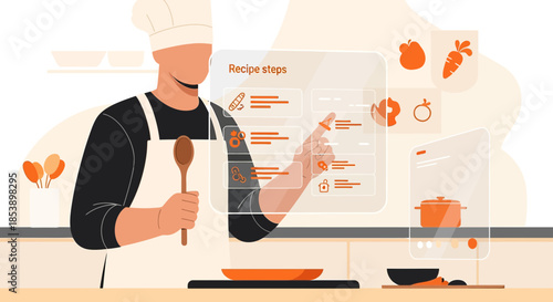 A chef using a futuristic interactive display for cooking recipe guidance in kitchen