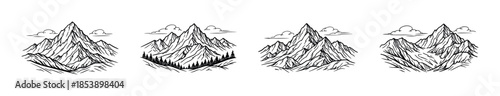 Mountain range collection, clouds, nature scenes, flat vector illustration