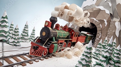 Whimsical Papercraft Illustration of a Vintage Steam Train Emerging from a Tunnel in a Snowy Forest