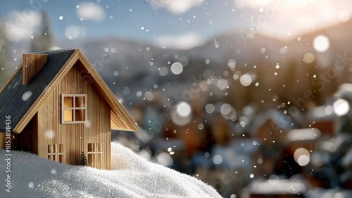 Snow falls over a wooden house in winter, creating a beautiful winter scene with trees in the background