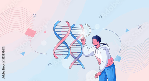 A young man interacts with a DNA strand on a stylized background for science concept