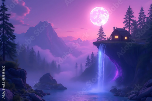 Serene mountain lake cabin under moonlight