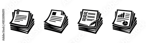Office documents and paperwork, reports and checklists, flat vector illustration