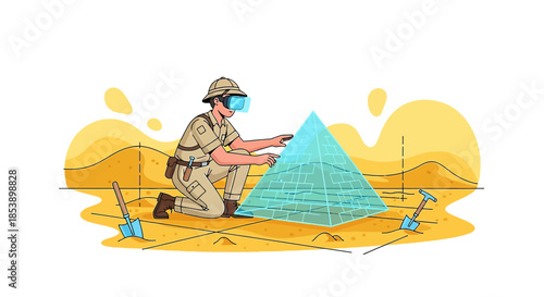 Archaeologist in virtual reality analyzing a pyramid structure within a desert environment