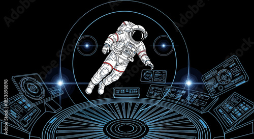 Astronaut explores a digital interface, floating amidst virtual consoles in deep space scene