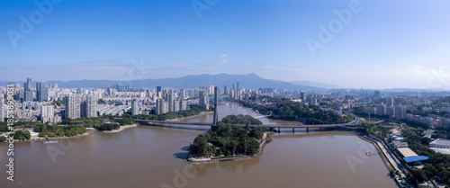 Aerial View of City River and Bridges