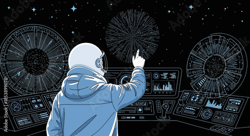 Astronaut navigates a futuristic spacecraft encountering distant cosmic anomalies meticulously