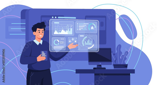 Business intelligence executive presenting analytical dashboard with charts and graphs