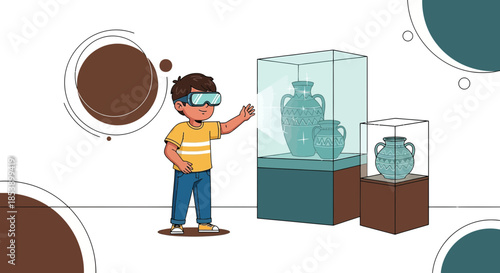 Boy exploring ancient artifacts in virtual reality museum experience with digital interface