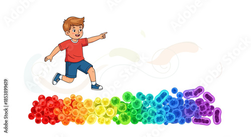Cartoon boy leaps over a colorful array of spheres and bacteria indicating scientific exploration