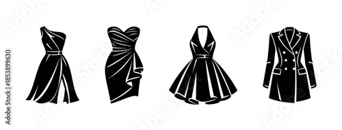 Elegant dress collection, formal wear and fashion coat, flat vector illustration