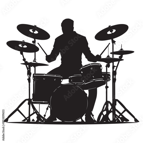set of black drummer musician drumming drums vector silhouettes isolated on white background
