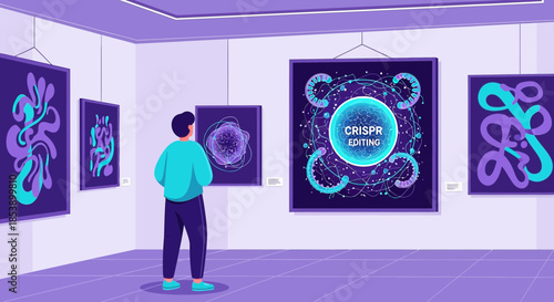 Conceptual biology art exhibition illustrating crispr technology and abstract forms