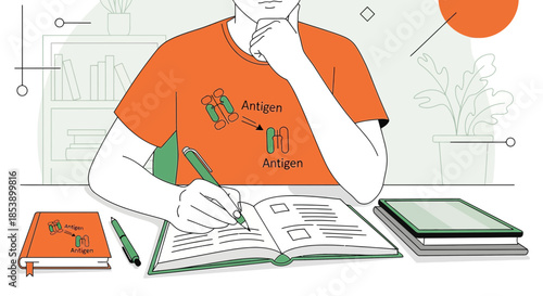 Conceptual illustration of a student studying antigens and immunology at their desk