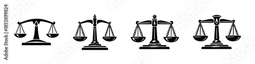 Scales of justice collection, legal balance symbols, flat vector illustration