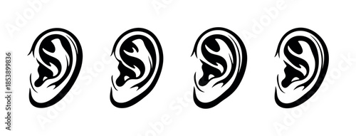 Human ear designs, vector illustration, flat style, auditory anatomy, silhouette