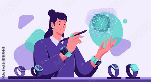 Conceptual portrayal of a designer interacting with an augmented reality displaying smart watches