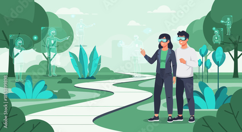 Couple explores futuristic augmented reality in the park using vr headsets enhancing experience