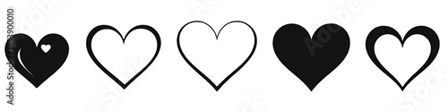 Set of black heart icons featuring solid and outline styles isolated on white background representing love romance emotion and design elements.