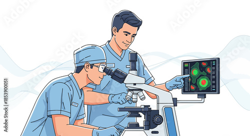 Dedicated medical researchers examining cellular structures using advanced microscopic technology