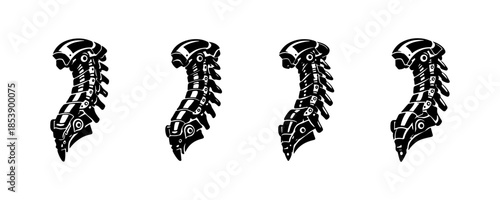 Cybernetic spine designs, futuristic robotics, black and white, flat vector illustration
