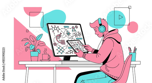 Digital learning and collaboration illustration with diagrams and a young man at home