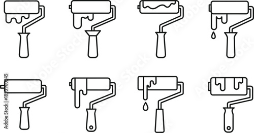 Variety of paint roller icons in linear style on transparent background silhouette