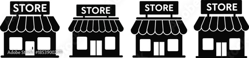 Four simple storefront icons with awnings on transparent background silhouette
