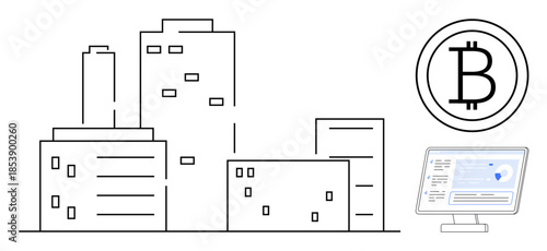 Cryptocurrency, blockchain technology, financial innovation, fintech tools, urban development, investment trends. A cityscape with Bitcoin sign and computer showing financial data. Blockchain